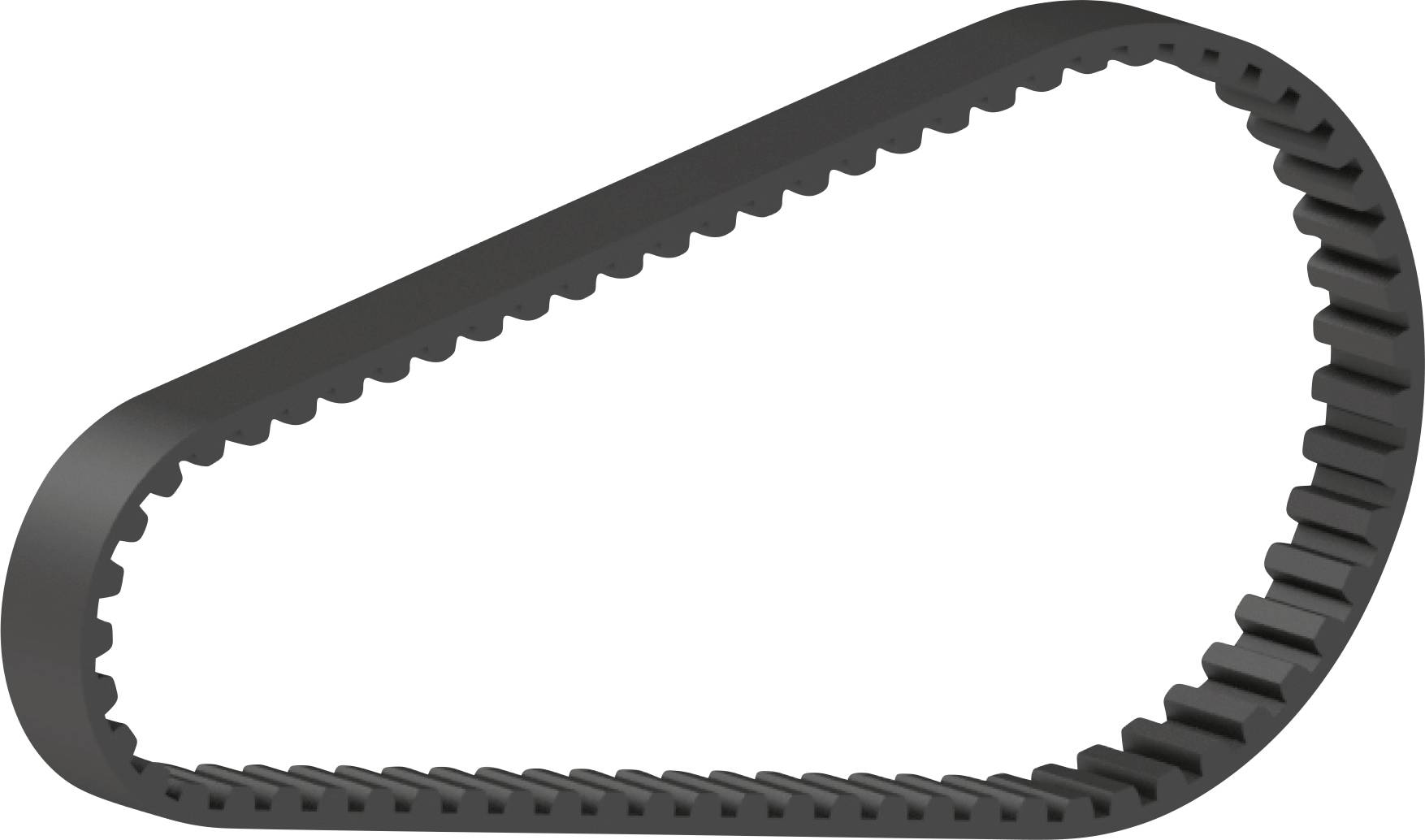 A black rubber timing belt looped in a triangular shape on a white background.