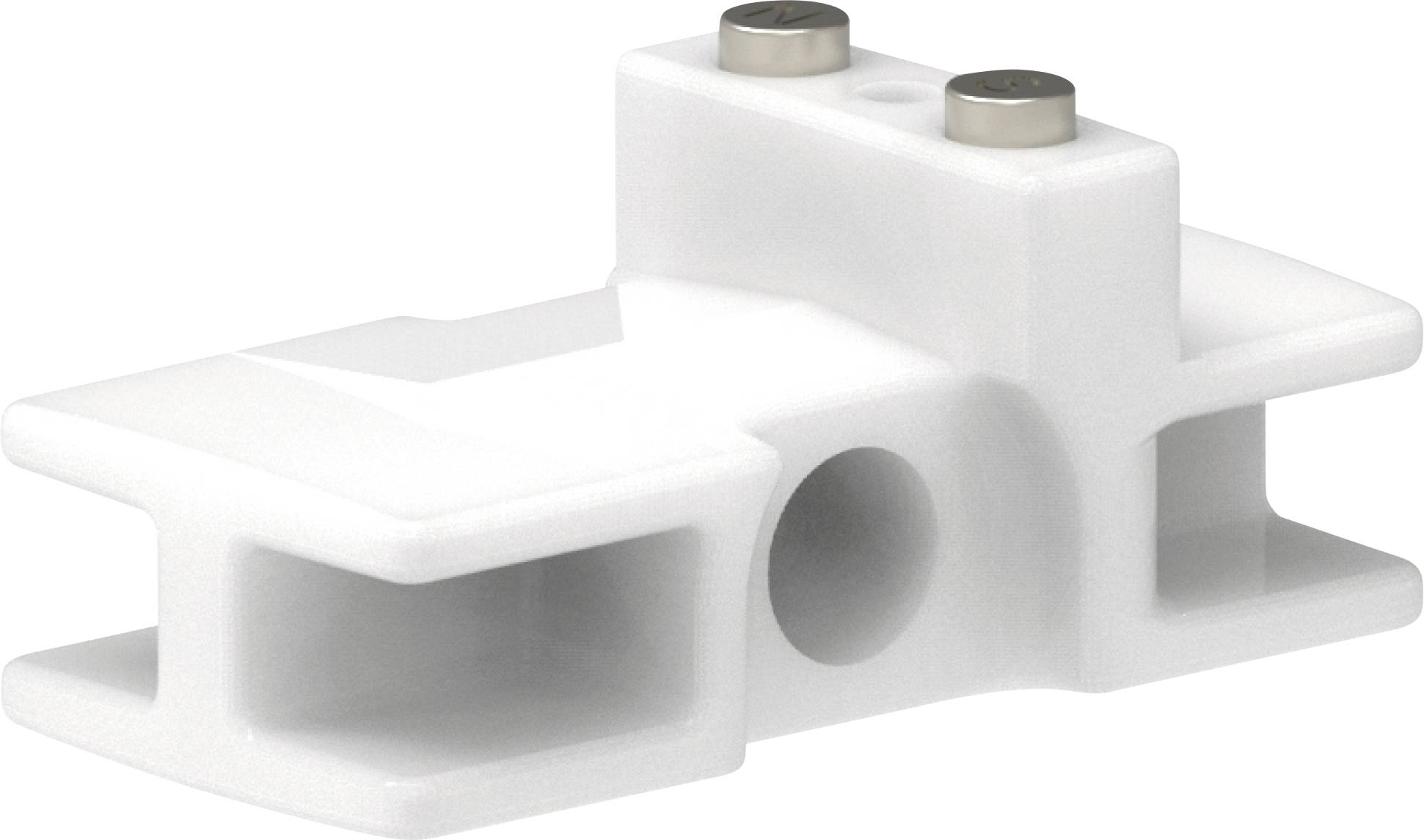 White plastic mounting bracket with two metal fasteners on top and a central circular hole, shown on a plain background.
