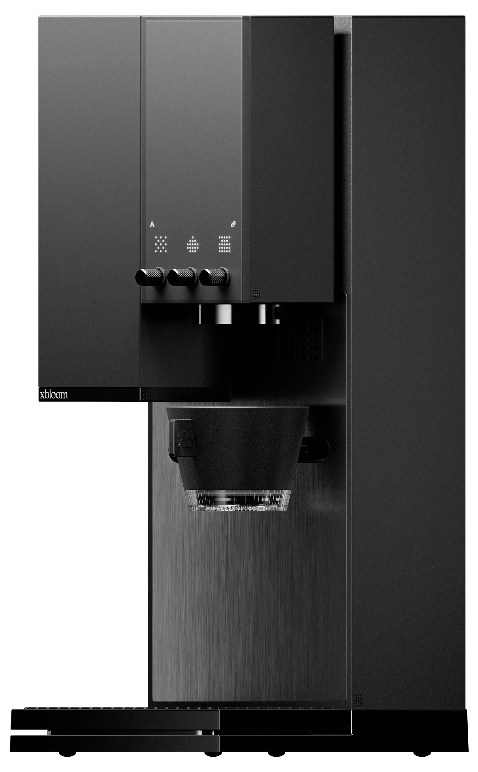 Black commercial coffee machine with three drink selection buttons and a cup dispenser on the front<br>