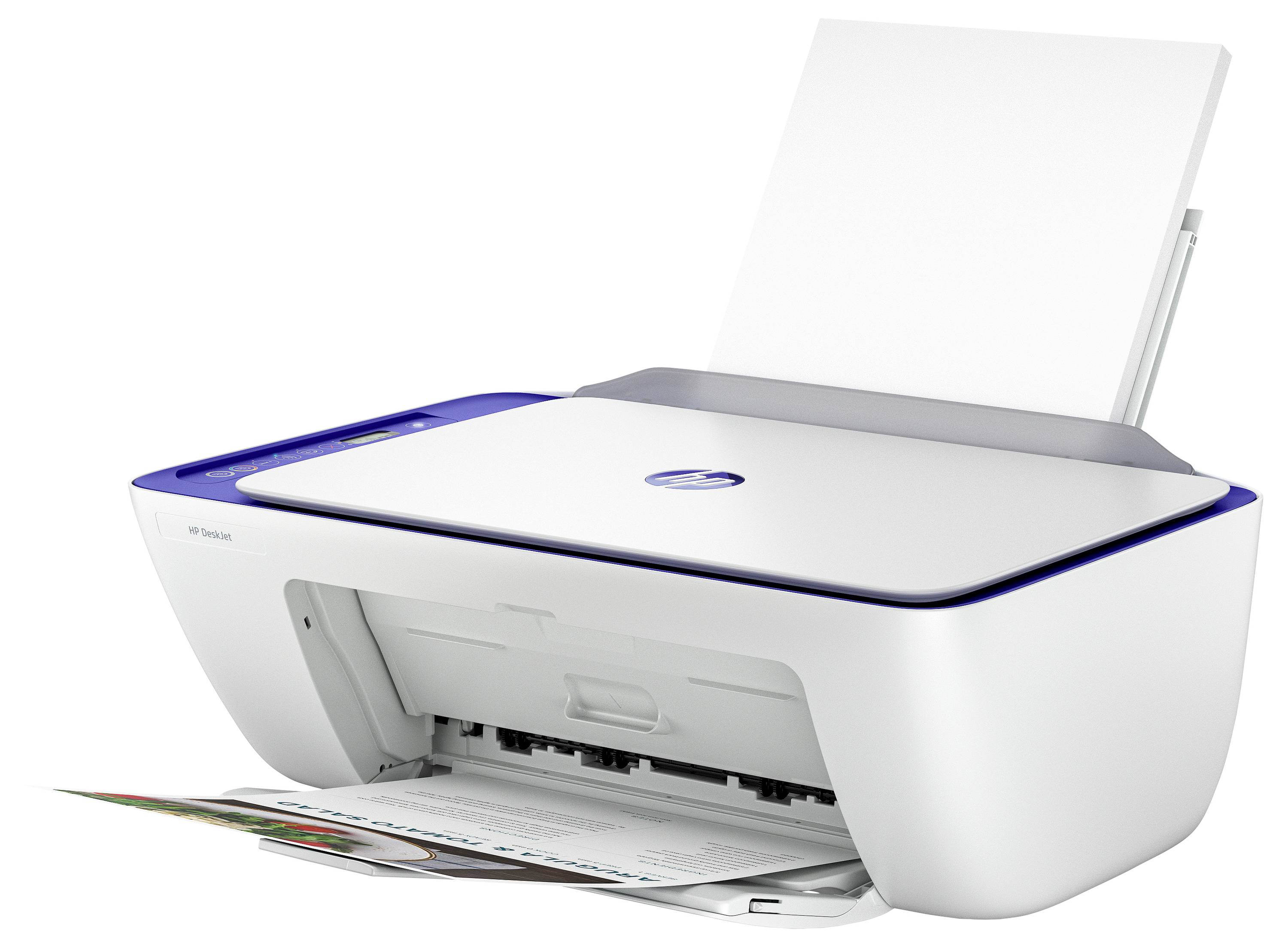 White all-in-one inkjet printer with paper loaded in the rear tray and a page being printed from the front output slot.