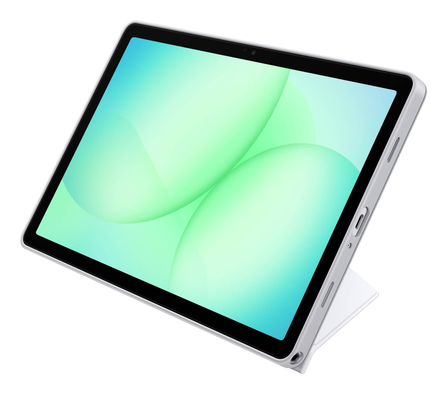 Tablet in a folding stand, shown at an angle with a teal abstract screen on a white background.