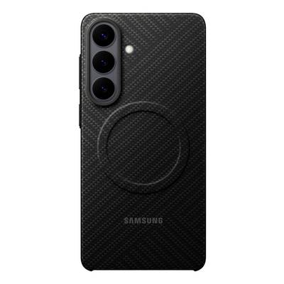 Black Samsung phone case with carbon-fiber texture, triple camera cutout, flash opening, and circular MagSafe-style ring on back