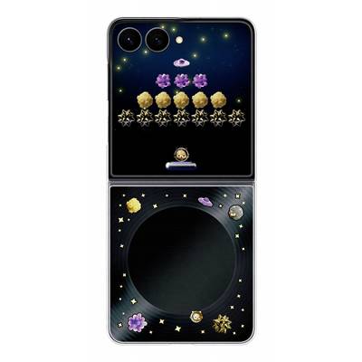 A decorative phone case with a space theme, featuring stars, planets, flowers, and a small cartoon astronaut on a black background.