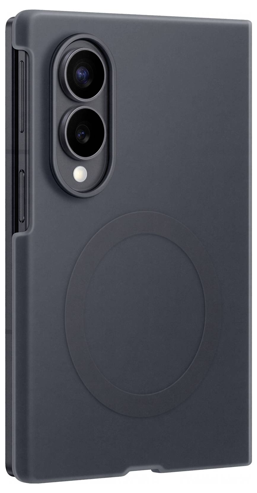 Dark gray phone case with dual rear camera cutout and centered magnetic ring on a white background.