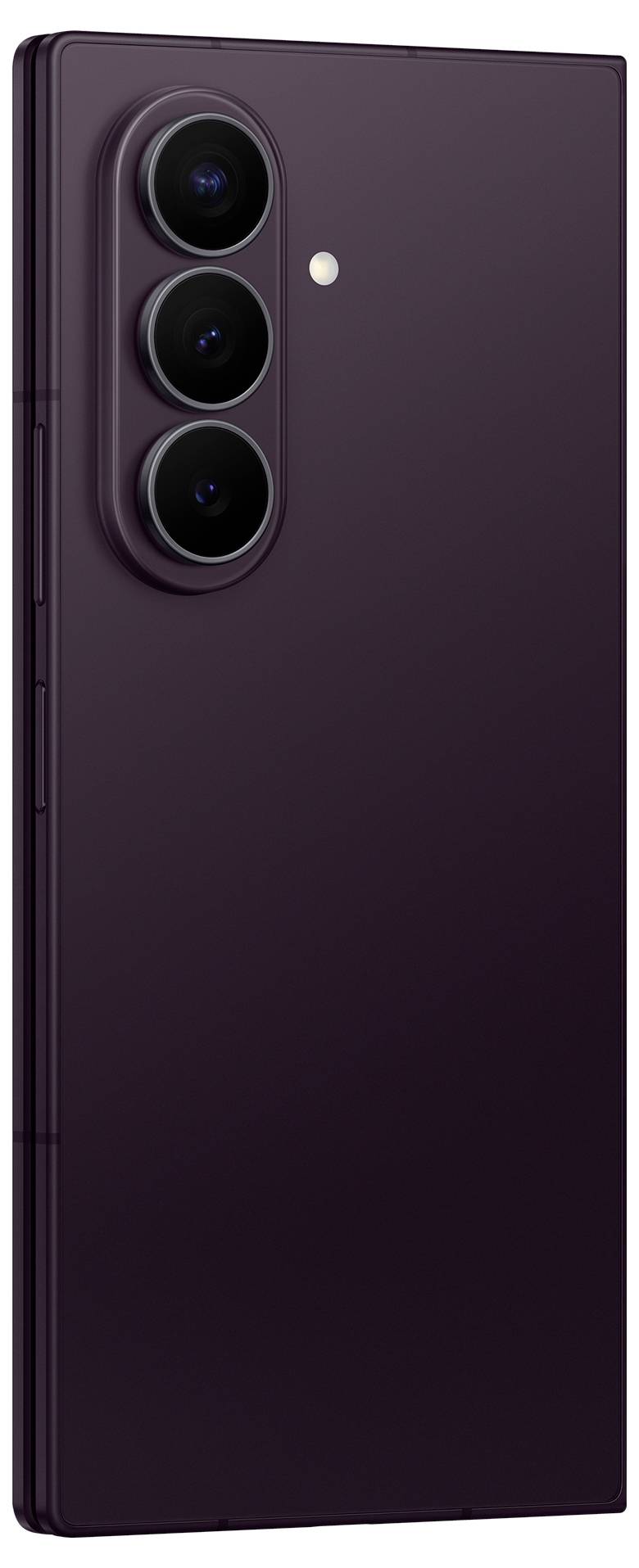 Back view of a dark purple smartphone with three vertically aligned rear cameras and a small flash.