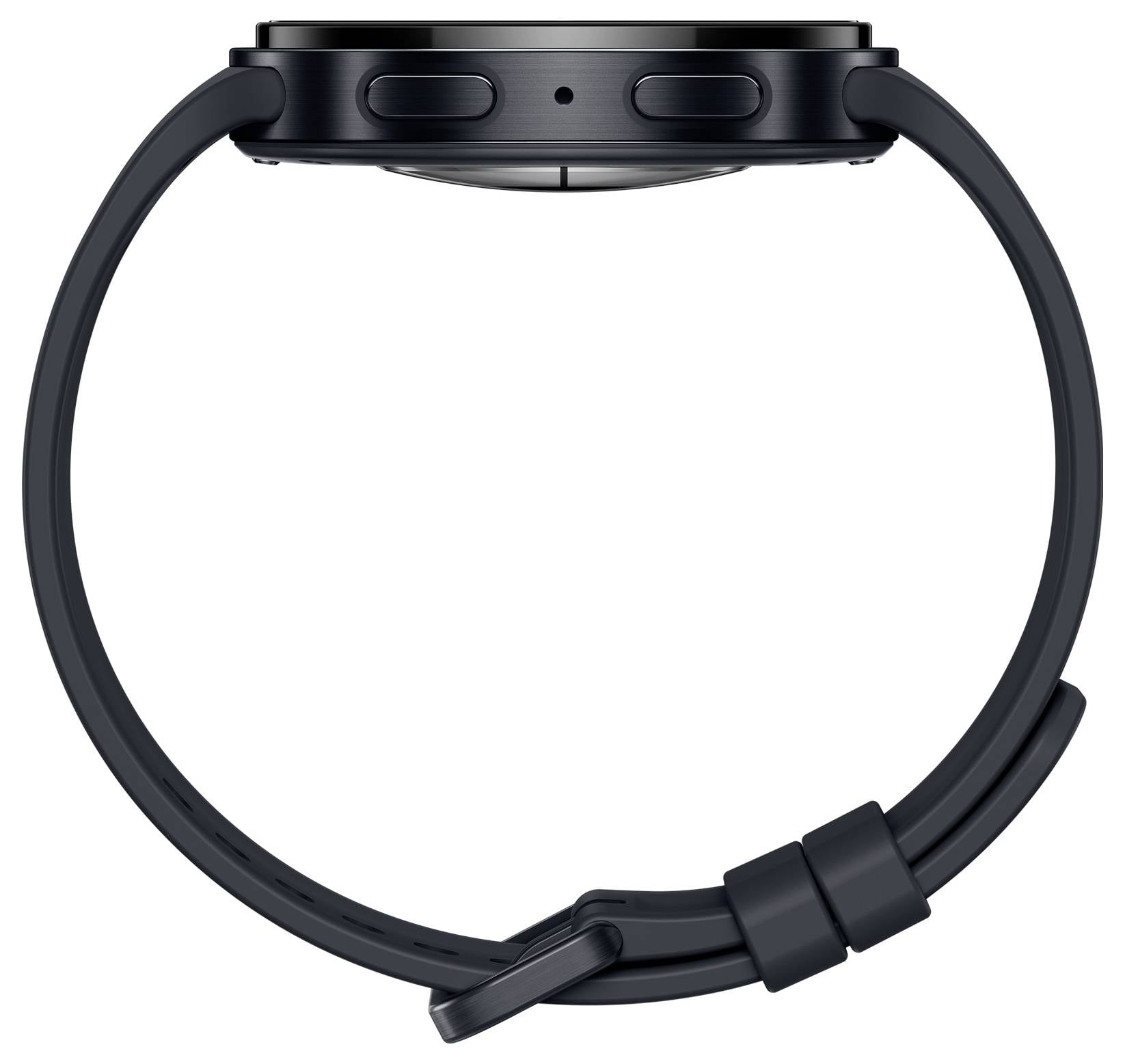 Black round smartwatch shown from the side, with a slim case, two buttons, and a black strap on a white background.