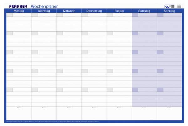 <br> Franken<br> PKW1002<br> Desk pad <br> Month planner, Weekly planner<br> undatiert<br> <br> <br> White, Blue<br> (W x H) 910 mm x 610 mm<br> <br> 1 pc(s)<br> PKW1002<br>