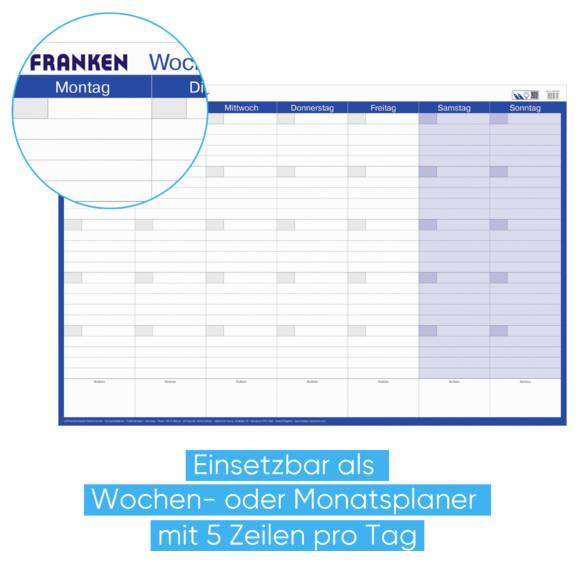 Weekly or monthly planner calendar with columns for Monday through Sunday and five lines per day; German text says 'Einsetzbar als Wochen- oder Monatsplaner mit 5 Zeilen pro Tag'.<br>