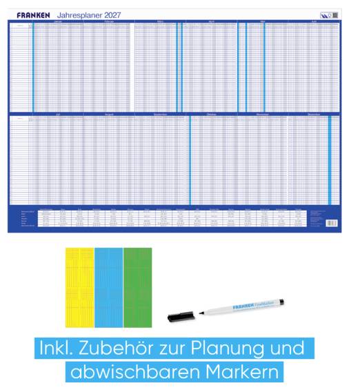 Promotional poster for 'FRANKEN Jahresplaner 2027' showing a large yearly planning board, colored adhesive strips, and a marker; text says 'Inkl. Zubehör zur Planung und abwischbaren Markern'.