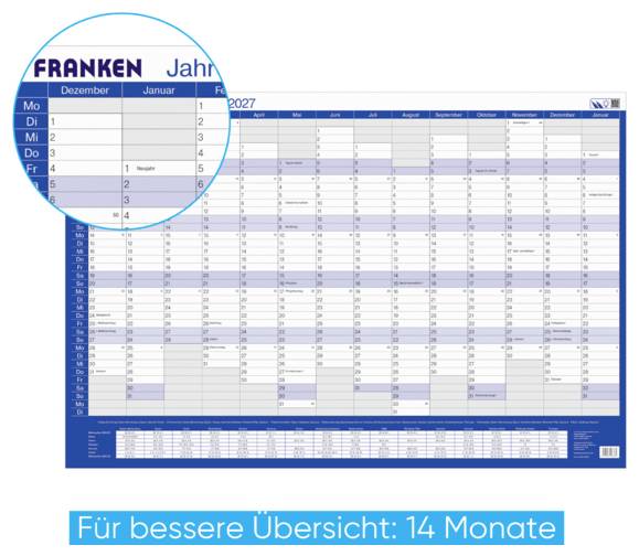 Annual wall planner calendar for 2027 from FRANKEN, showing 14 months with monthly columns and German weekday/date grid for better overview.