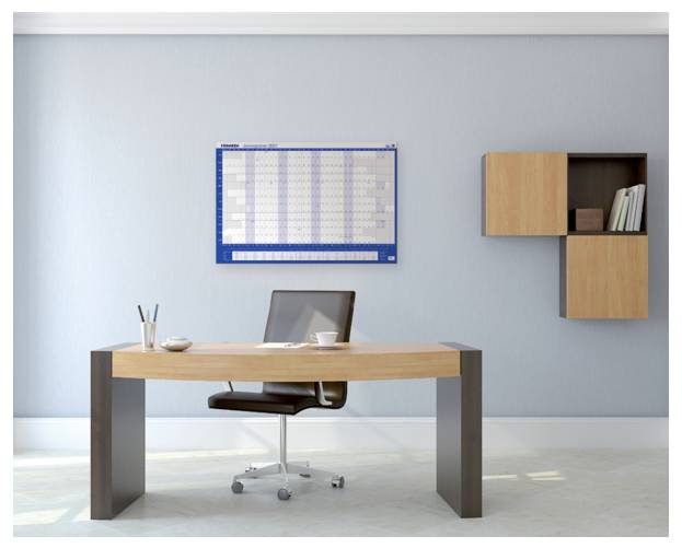Minimal home office with a wooden desk, chair, wall calendar, and shelving against a light blue wall.