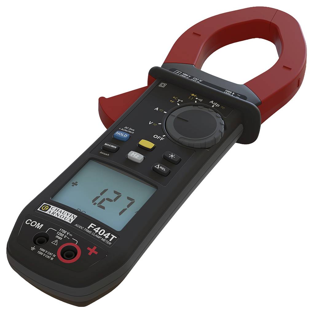 Clamp meter with red jaws and digital display reading 127, featuring a rotary selector and test buttons for electrical measurements.