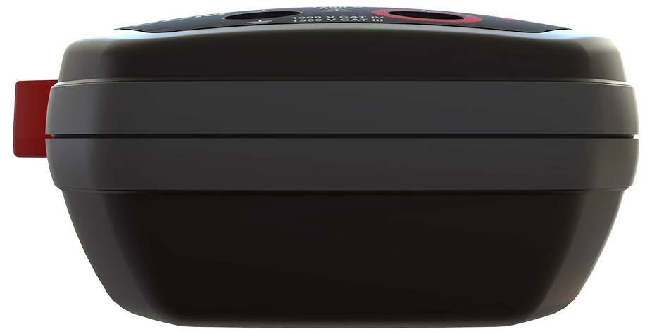Black electric cooker with red handle and top control dial, shown in side view on a white background.