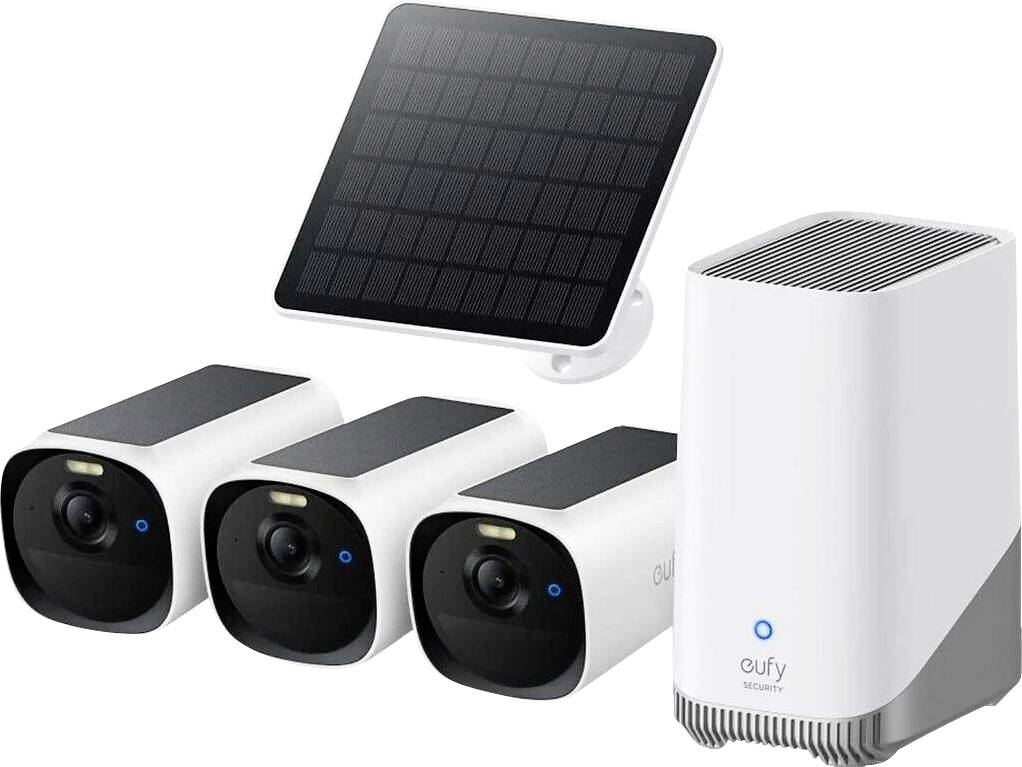 Wireless security camera system with three outdoor cameras and a solar panel, plus a white base station hub.