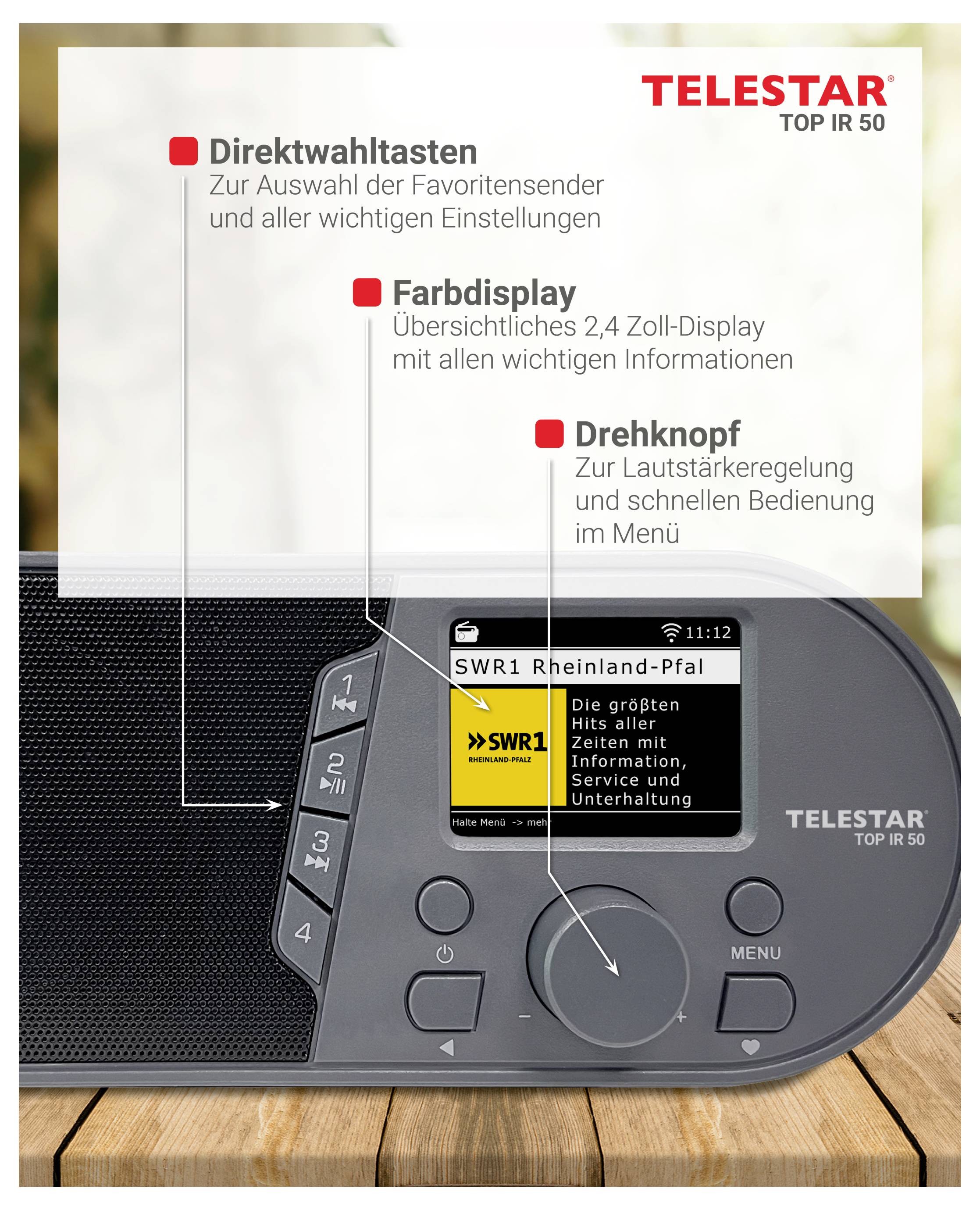 Product image of TELSTAR TOP IR 50 radio showing key features: direct station buttons, 2.4-inch color display, and volume/menu rotary knob.<br>