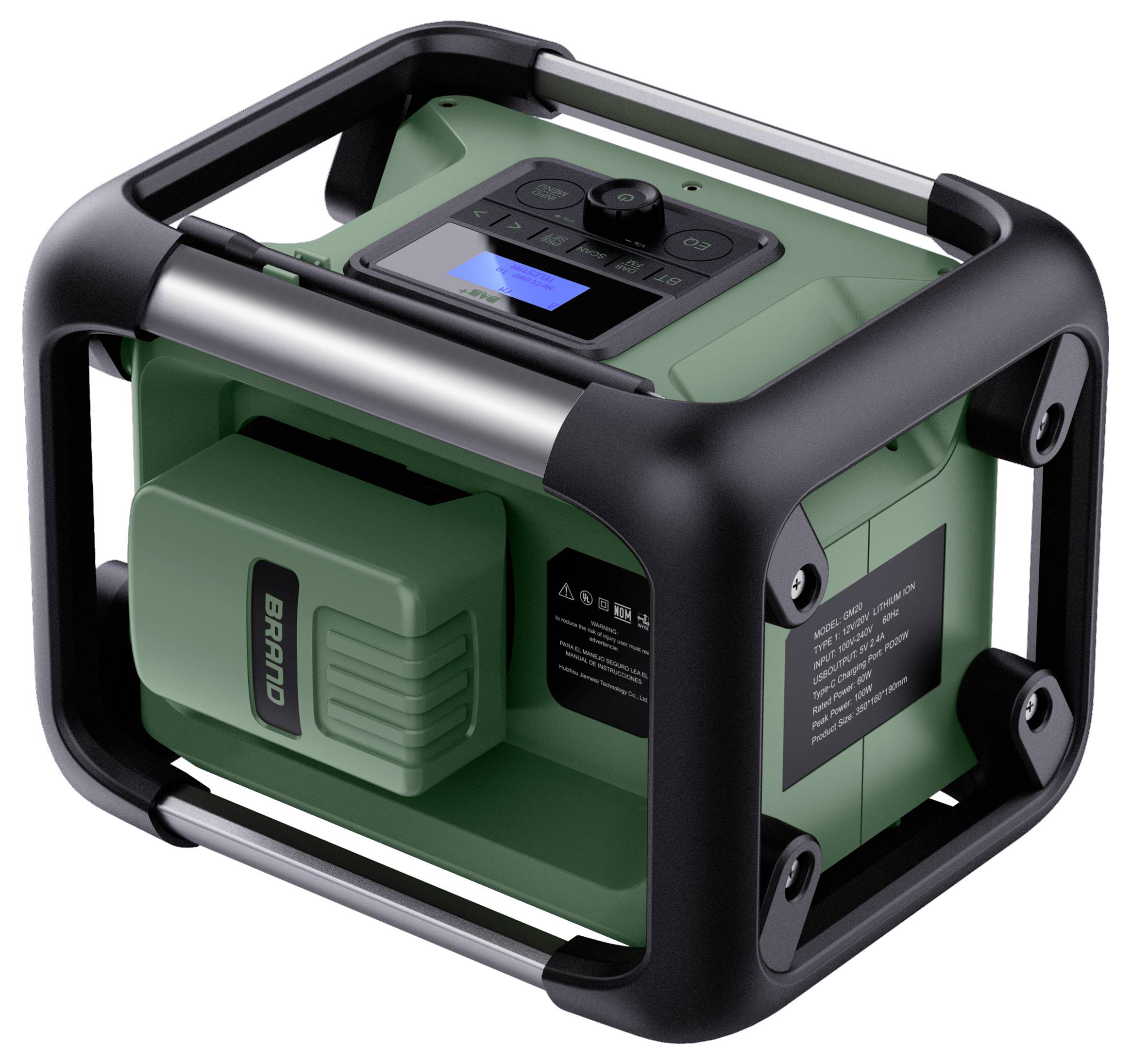 Portable green generator with black frame and control panel, shown in a product-style view on a white background.