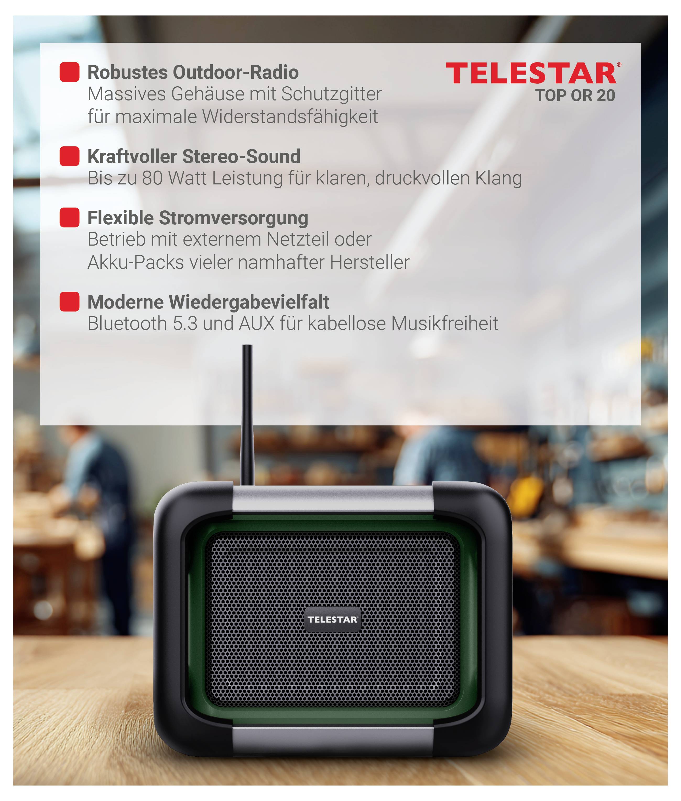 TELSTAR TOP OR 20 portable outdoor radio on a table, with German feature text highlighting rugged case, 80-watt stereo sound, flexible power, and Bluetooth 5.3/AUX.