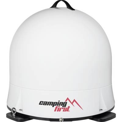 White portable outdoor shower tent with domed top, black base, and 'camping first' logo on the front.