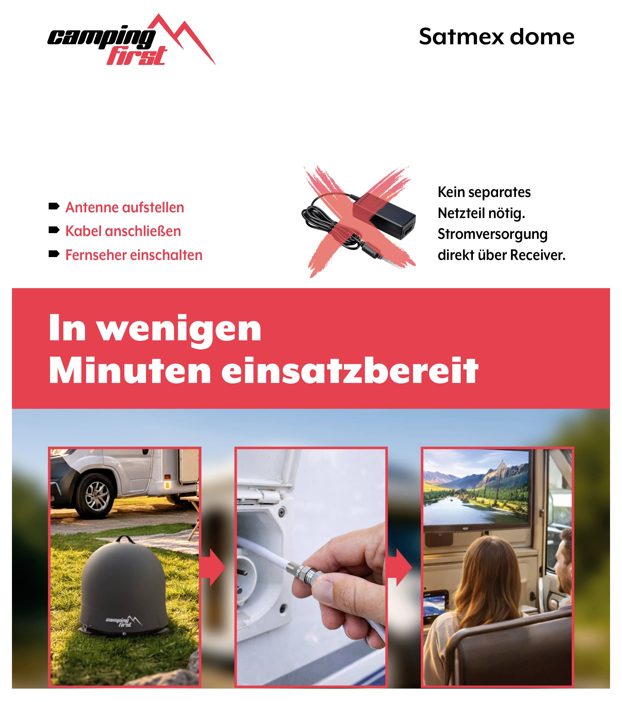 Camping First 'Satmex dome' ad showing quick setup: antenna up, cable connected, TV on, with power supplied directly by receiver.