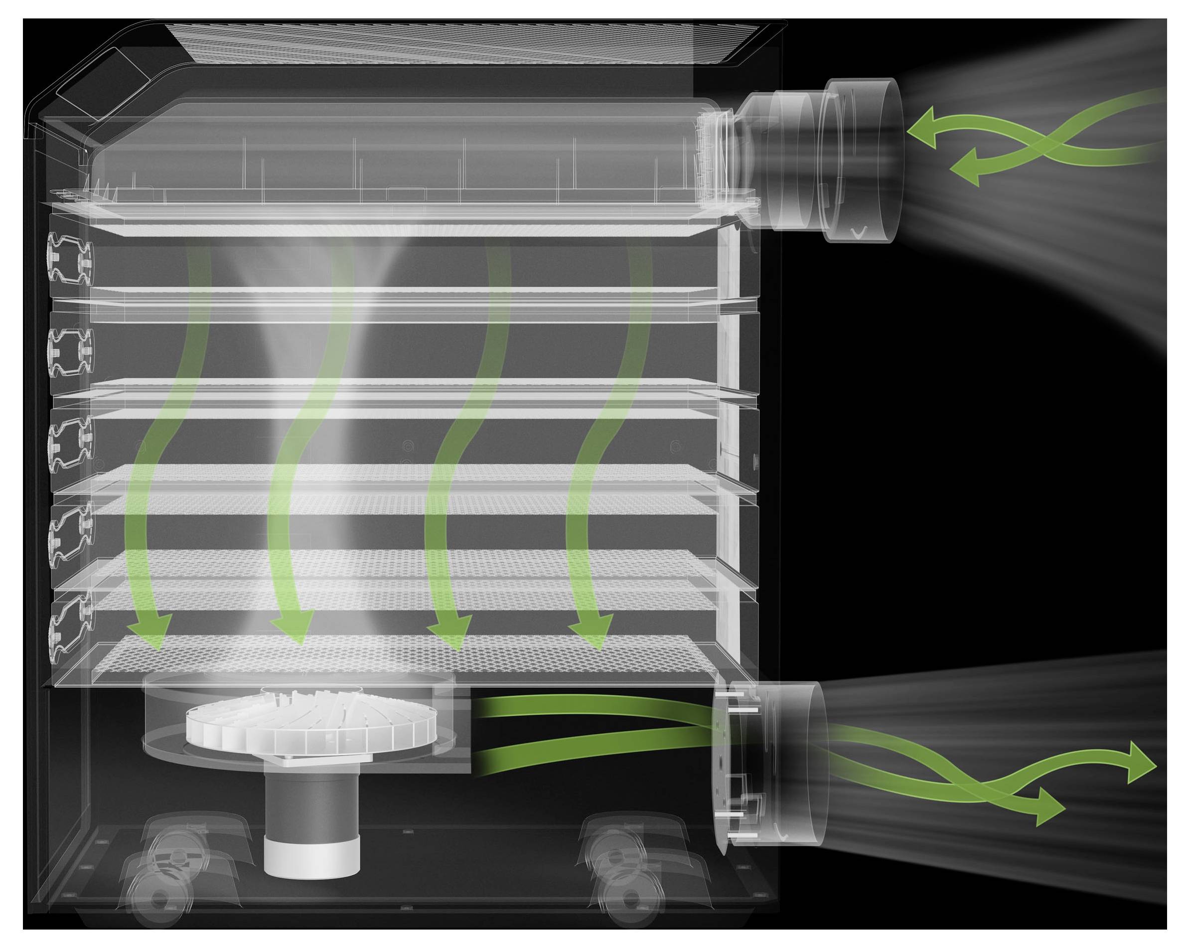 Cutaway diagram of a cabinet showing airflow: cool air enters at the top right, circulates downward through shelves, and exits at the bottom right.<br>