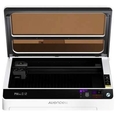 Open laser cutter with lid raised, showing enclosed cutting bed and control panel on the front.