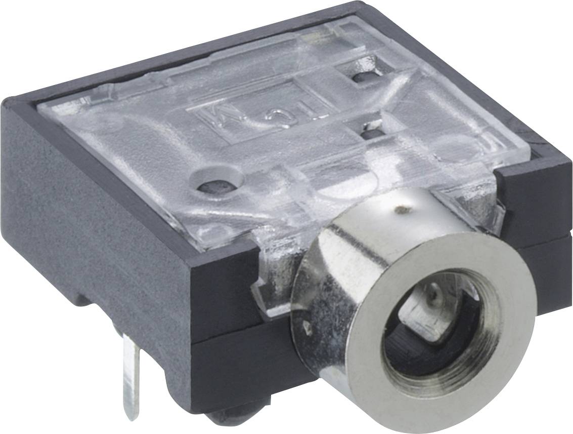 Close-up of a small black electronic jack or connector with a silver metal threaded port and clear plastic housing.