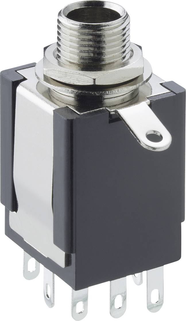 Close-up of a black and silver electrical panel-mount jack with threaded metal connector and multiple solder terminals.