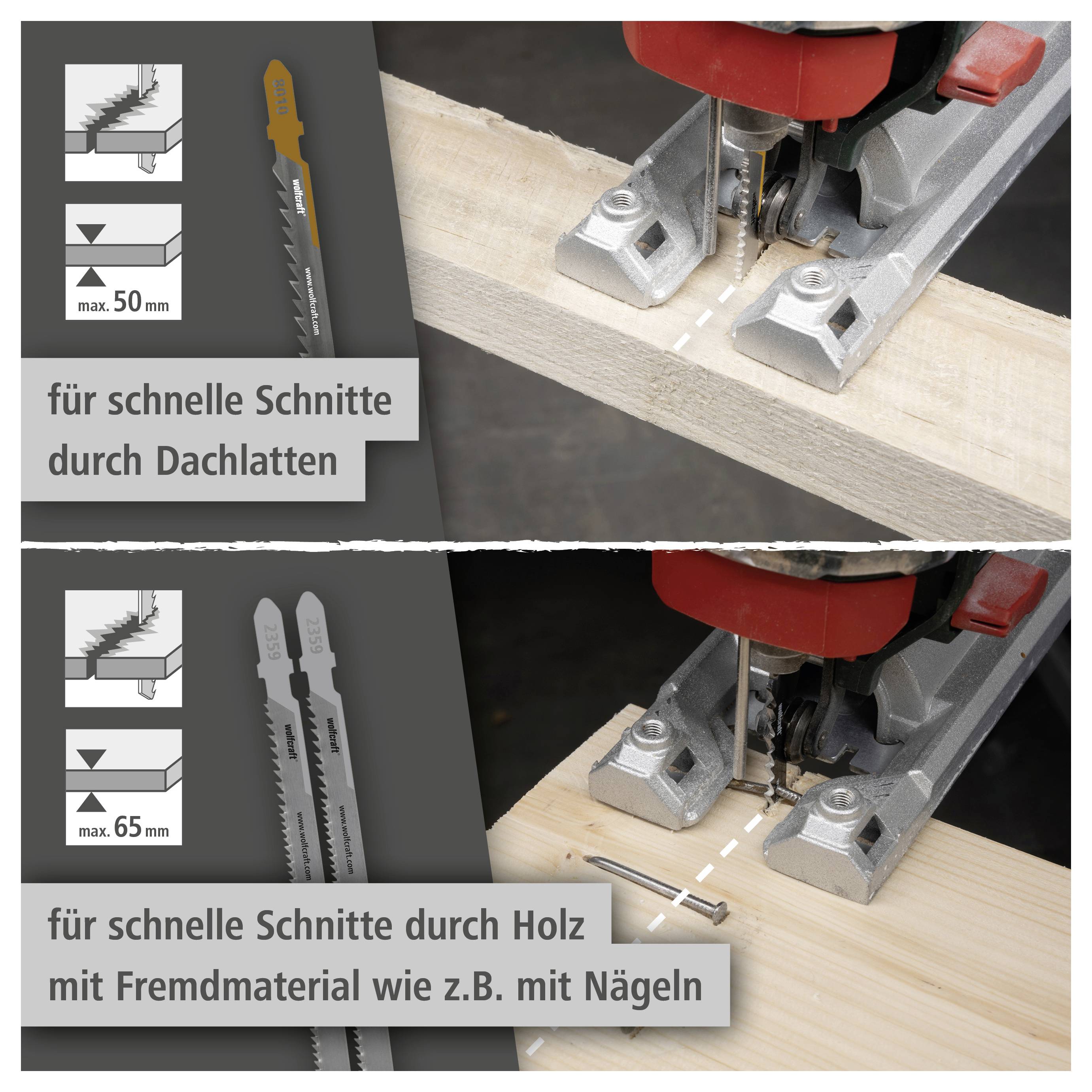Comparison graphic showing jigsaw blades cutting wood: top for quick cuts through roof battens up to 50 mm, bottom for wood with foreign material such as nails up to 65 mm.<br>