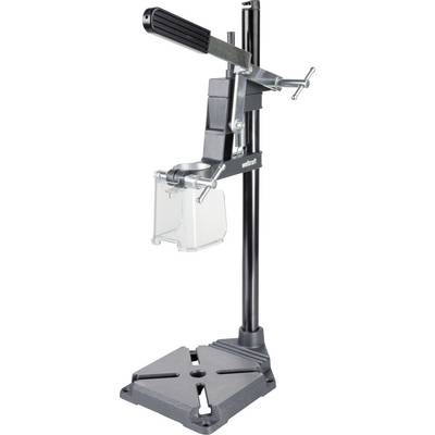 Clamp-mounted drill press stand with adjustable height column, drill handle, and weighted base for holding a handheld drill steady.