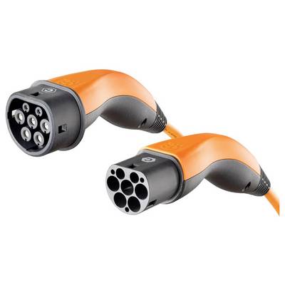 Orange electric vehicle charging cable with two connector ends, one showing pins and one showing sockets.