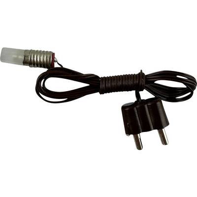 Brown electric cable with a small two-pin plug and a metal-tipped connector on a white background.