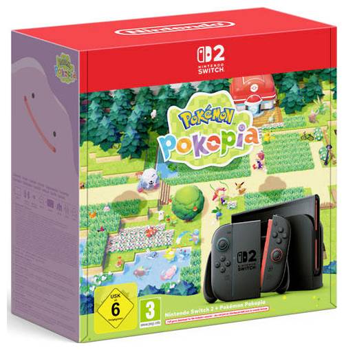 Nintendo Switch 2 Pokémon Pokopia game box showing the logo, colorful farm-like landscape, and console with Joy-Con controllers on the front.