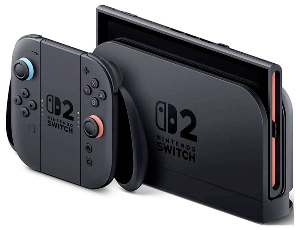 Nintendo Switch 2 console with two detachable black Joy-Con controllers, shown in a product-style image on a white background.
