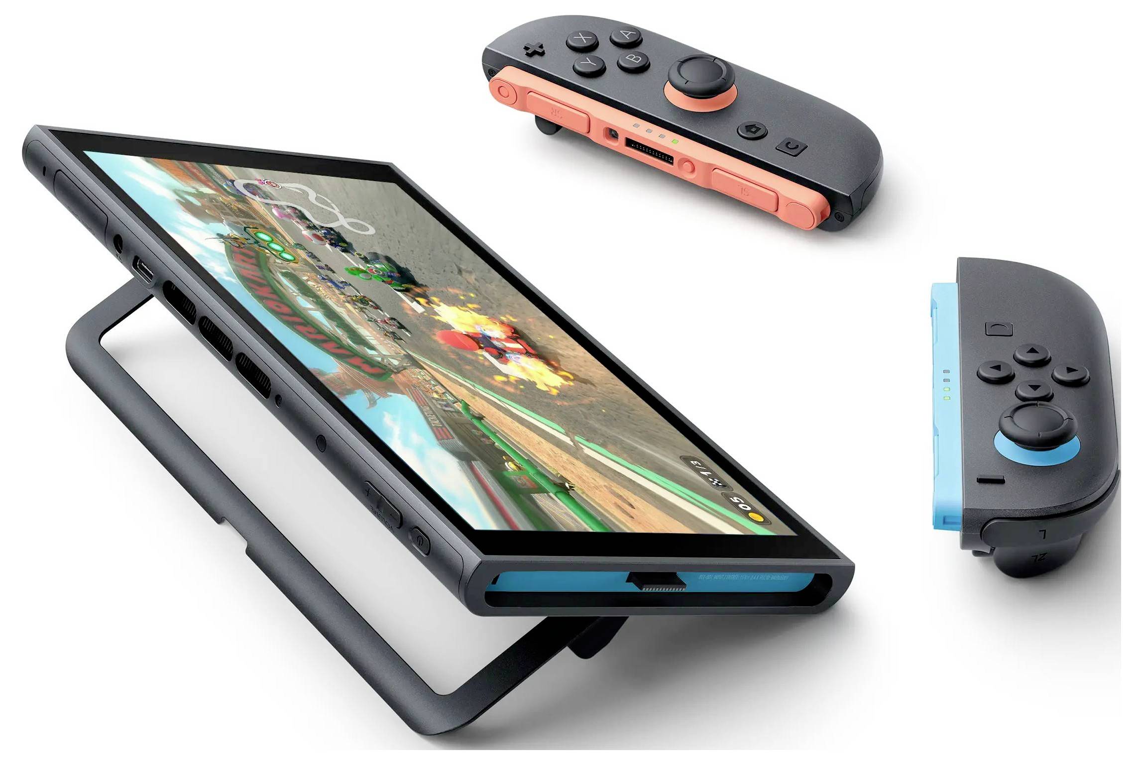 Nintendo Switch console in handheld mode on a stand, with detached red and blue Joy-Con controllers shown above and beside it.