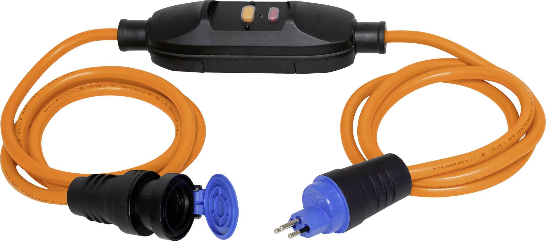 Orange extension cord with in-line black switch and blue plug and socket connectors, coiled on a white background.