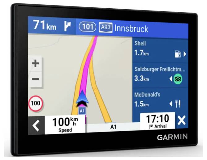 Garmin GPS navigation screen showing route to Innsbruck on A1, with 71 km remaining, 100 km/h speed limit, nearby fuel and dining stops, and arrival time 17:10.