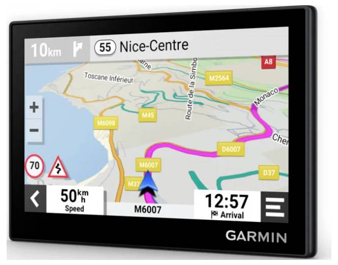 Garmin GPS navigation screen showing a map to Nice-Centre with route M6007 highlighted, speed limit 50 km/h, and arrival time 12:57.