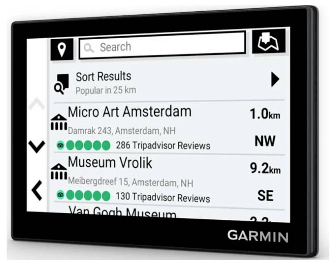 Garmin GPS search results list nearby attractions in Amsterdam, including Micro Art Amsterdam 1.0 km NW and Museum Vrolik 9.2 km SE with review counts.