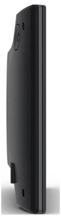 Side view of a slim black smartphone with a curved back and protruding camera bump on a white background