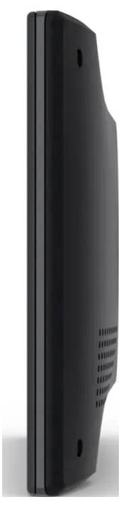 Side view of a slim black electronic device with a curved back and ventilation slots near the lower edge.