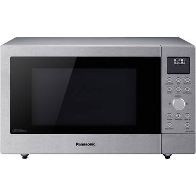 Front view of a Panasonic stainless steel microwave oven with a digital clock display and control buttons on the right.
