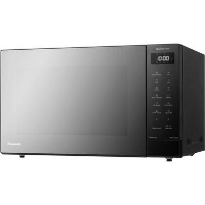 Black Panasonic countertop microwave oven with digital control panel and display showing 10:00<br>