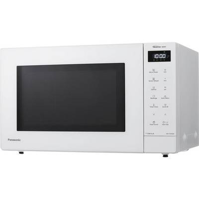 White Panasonic countertop microwave with black window and right-side digital control panel showing '10:00'.