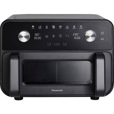 Black Panasonic countertop air fryer oven with digital display, two silver control knobs, and a viewing window on the front.