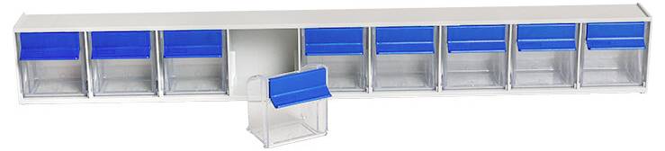 Metal storage organizer with eight blue-lidded compartments in a row and one matching small bin shown in front.