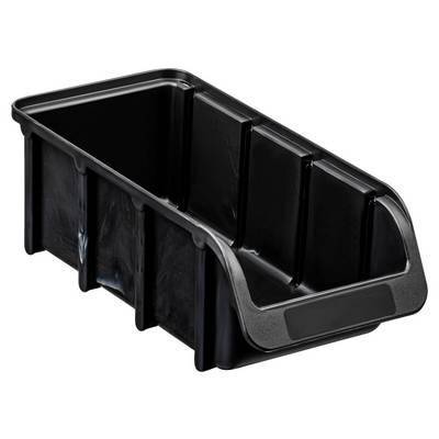 Black rectangular plastic storage bin with reinforced sides and open top, shown isolated on a white background.