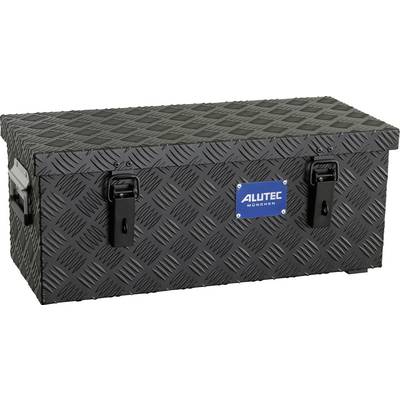 Black diamond-plate metal storage chest with two front latches and a blue 'ALUTEC MONGHEN' logo plate.