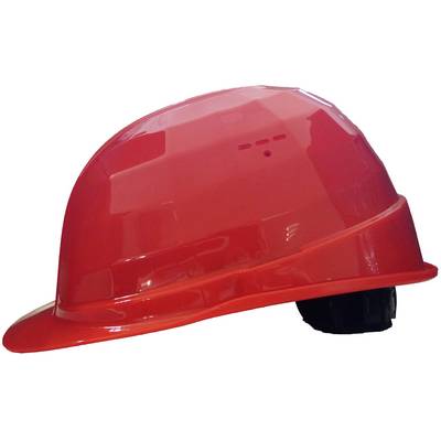 Red construction hard hat with chin strap, shown in side view on a white background.