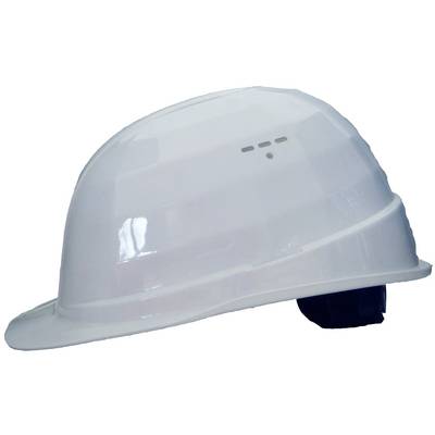 White hard hat safety helmet shown in profile on a plain background.<br>