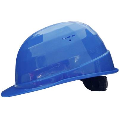 Blue hard hat safety helmet with a front brim and black suspension, shown on a white background.